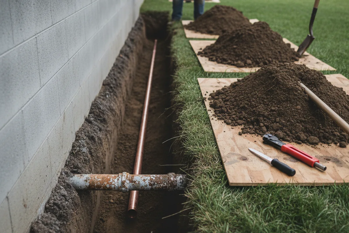 Excavated water line trench during Water Softener Installation in Deming